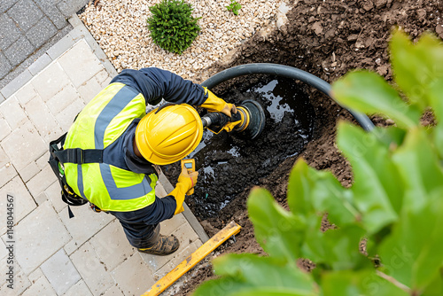 maintenance worker connecting vacuum hose to septic tank in suburban backyard