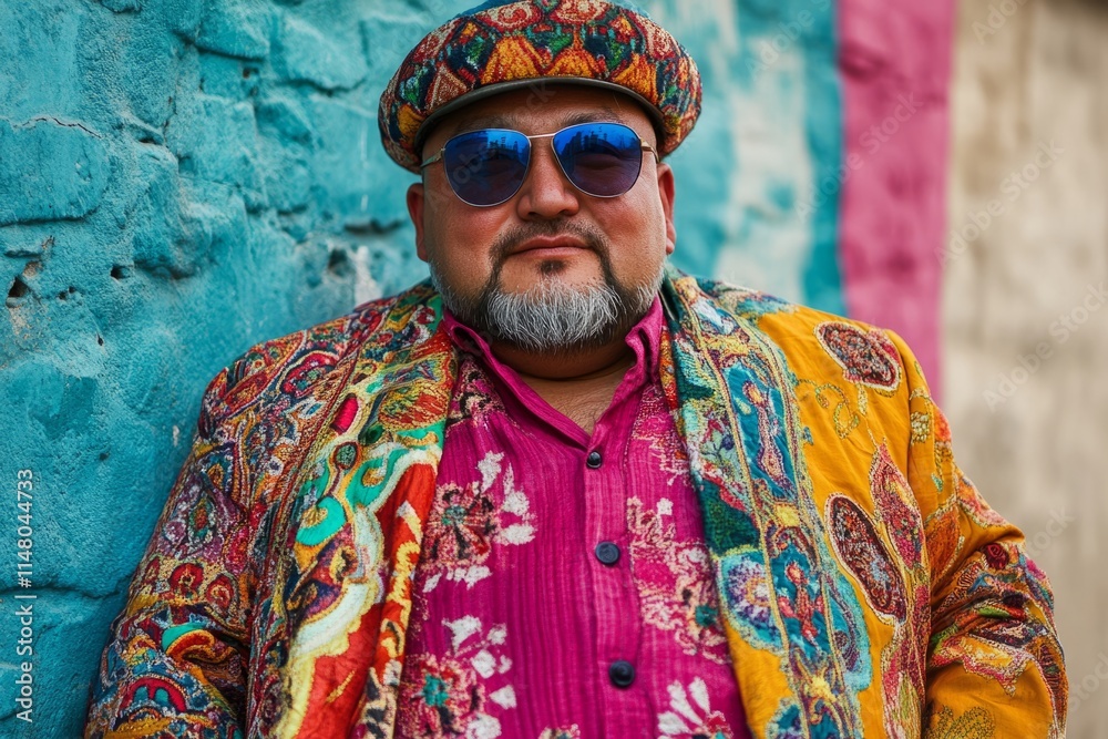 Obraz premium Portrait of a fashionable man wearing traditional patterned clothing and sunglasses