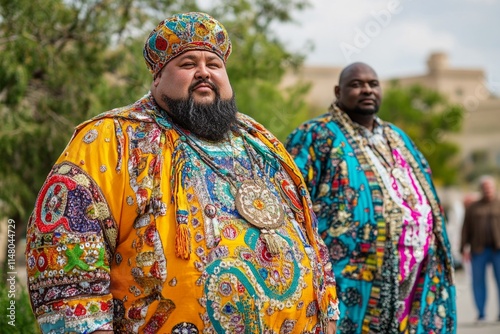 Polygamist preachers wearing colorful religious clothes stand side by side