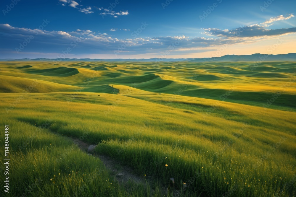 Obraz premium grassy field with yellow flowers and a dirt path in the middle