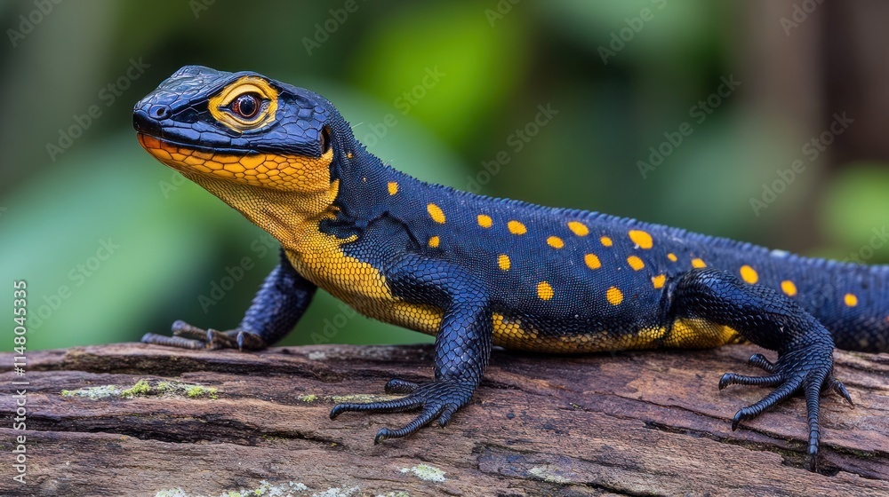 Orange-spotted lizard resting on a log in a forest setting. Orange-spotted lizard resting on a log in a forest setting.