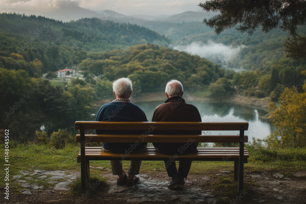 Two elderly men enjoying peaceful moment on bench, embracing the tranquility of nature with breathtaking view Two elderly men enjoying peaceful moment on bench, embracing the tranquility of nature with breathtaking view