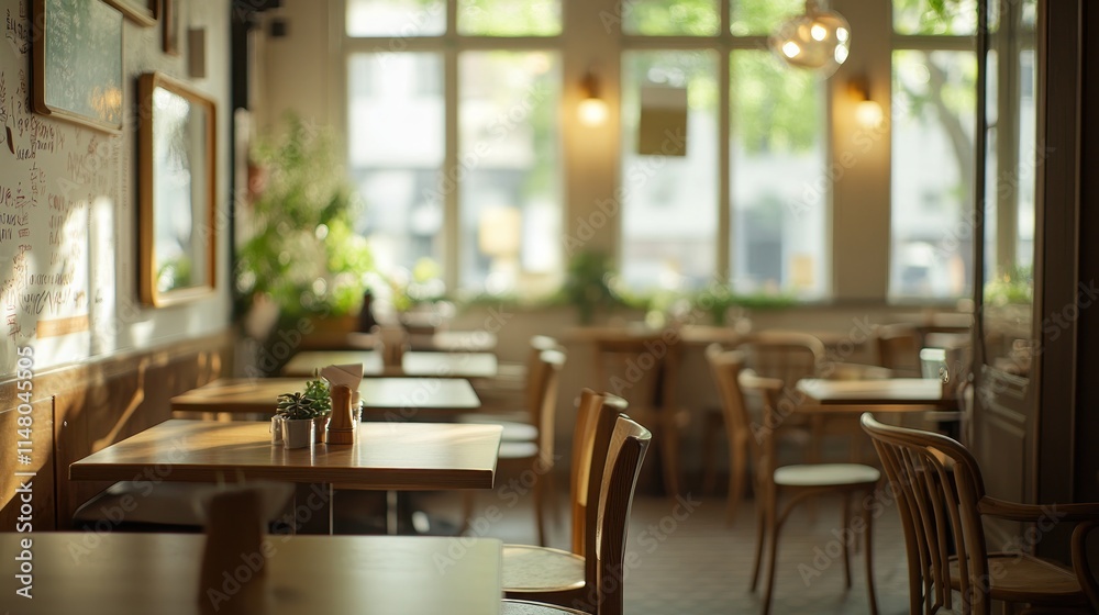 Cozy cafe interior with wooden furniture and natural light. Cozy cafe interior with wooden furniture and natural light.