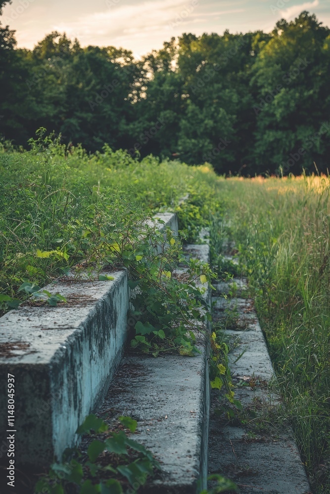 Overgrown concrete steps leading into a lush green area during golden hour Overgrown concrete steps leading into a lush green area during golden hour