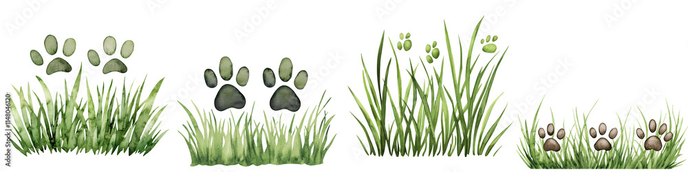 Fototapeta premium Bunny tracks in green grass with watercolor style, perfect for nature themes, isolated on transparent background.