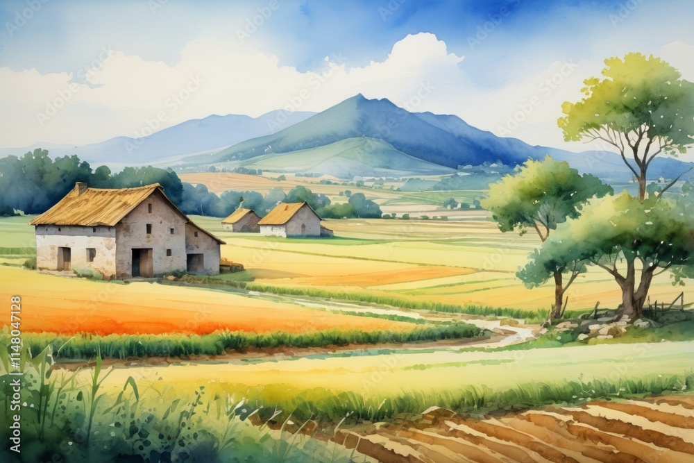 painting of a farm scene with a mountain in the background painting of a farm scene with a mountain in the background