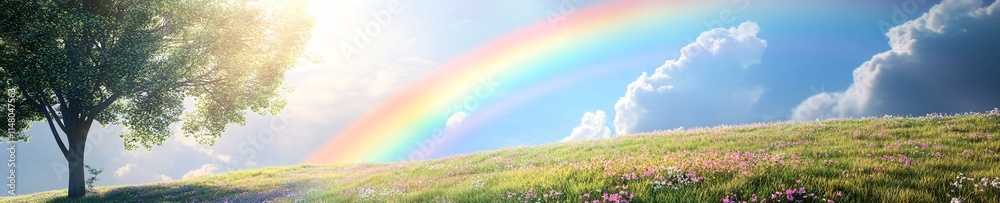 Bright Rainbow Over Green Field with Colorful Flowers and Clear Blue Sky Bright Rainbow Over Green Field with Colorful Flowers and Clear Blue Sky