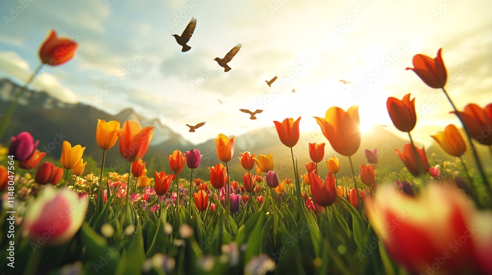 Fototapeta premium Vibrant Tulip Field with Birds Flying Above at Sunrise in a Scenic Landscape