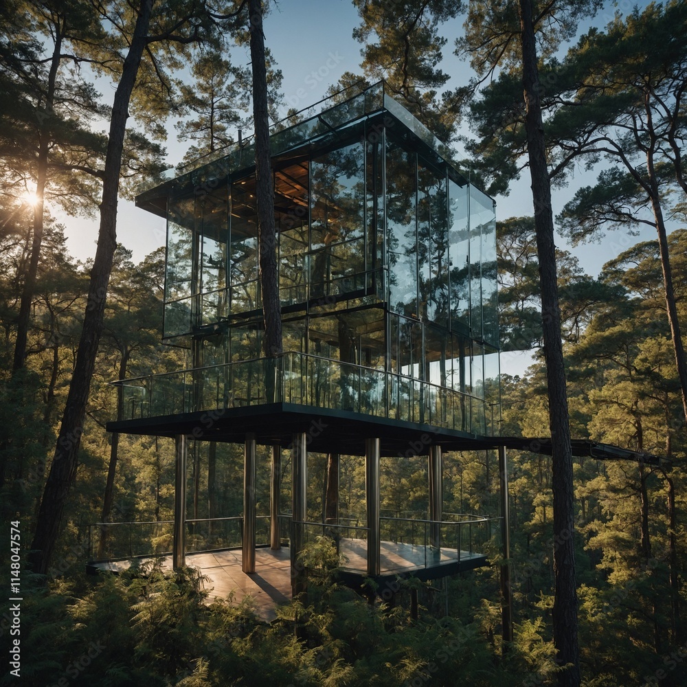 A glass treehouse with a wraparound balcony, overlooking a forest under a clear sky. A glass treehouse with a wraparound balcony, overlooking a forest under a clear sky.