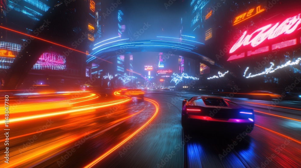 Cyberpunk Cityscape Futuristic Car Speeds Through Neon Nightscape Cyberpunk Cityscape Futuristic Car Speeds Through Neon Nightscape