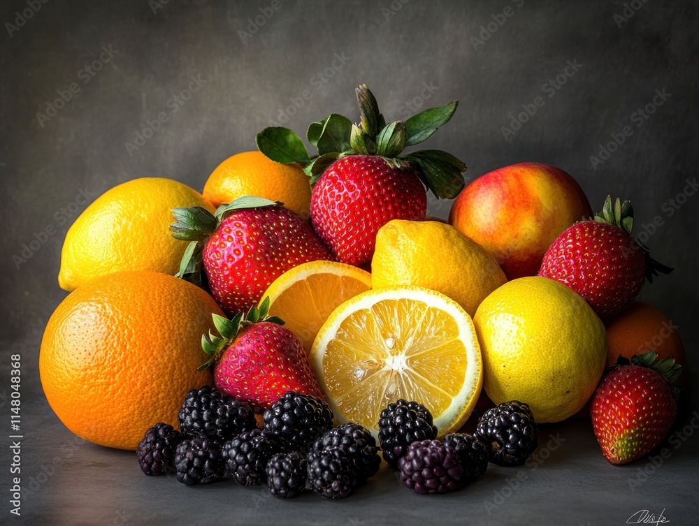 Still life of assorted fruits on a dark background. Still life of assorted fruits on a dark background.