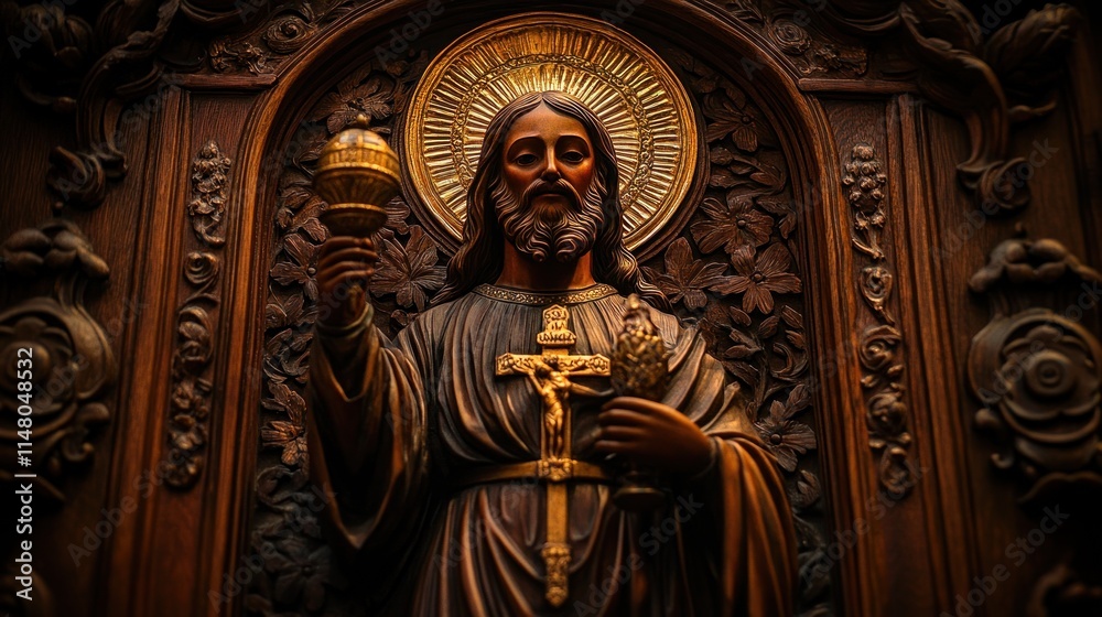 Intricate wooden carving of Jesus Christ, holding a cross and orb, set within an ornate church altar. Intricate wooden carving of Jesus Christ, holding a cross and orb, set within an ornate church altar.