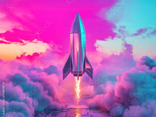 Futuristic Rocket Launch Neon Clouds, Spacecraft Ascent, Pink Sky