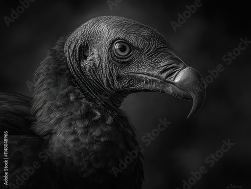 Black vulture portrait with wrinkled neck, sharp beak. photo