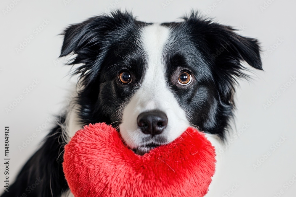 Border Collie holding red heart with its mouth. Border Collie holding red heart with its mouth.