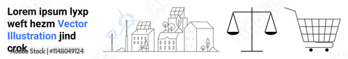 City skyline with solar panels, scales of justice, shopping cart. Ideal for sustainability, renewable energy, law, e-commerce, urban planning, balance, green technology. Banner for landing page