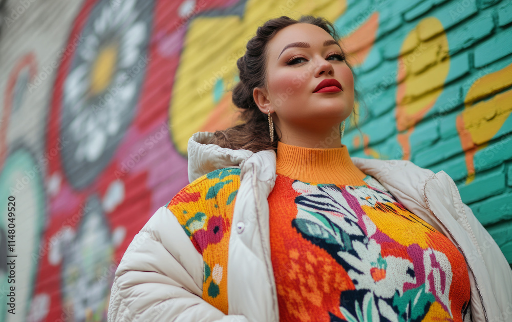 Confident plus-size model showcasing trendy autumn outfit with floral sweater and white puffer jacket against vibrant graffiti wall Confident plus-size model showcasing trendy autumn outfit with floral sweater and white puffer jacket against vibrant graffiti wall