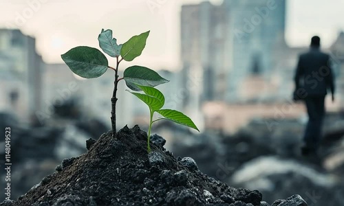 A small plant is growing in a rocky area. The plant is surrounded by rocks and dirt, and it is struggling to grow. Concept of resilience and determination	
