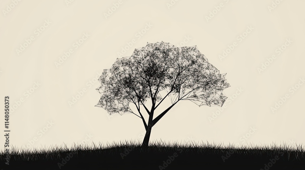 Abstract wireframe tree silhouette on minimalist beige background. Abstract wireframe tree silhouette on minimalist beige background.