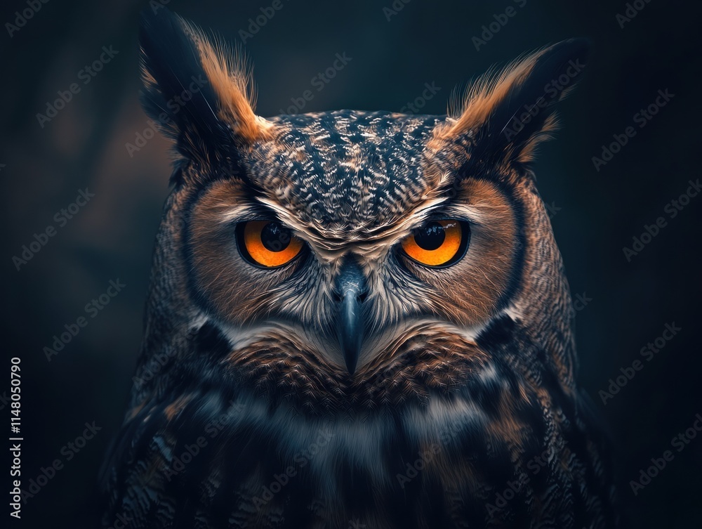Closeup portrait of an owl with intense orange eyes. Closeup portrait of an owl with intense orange eyes.