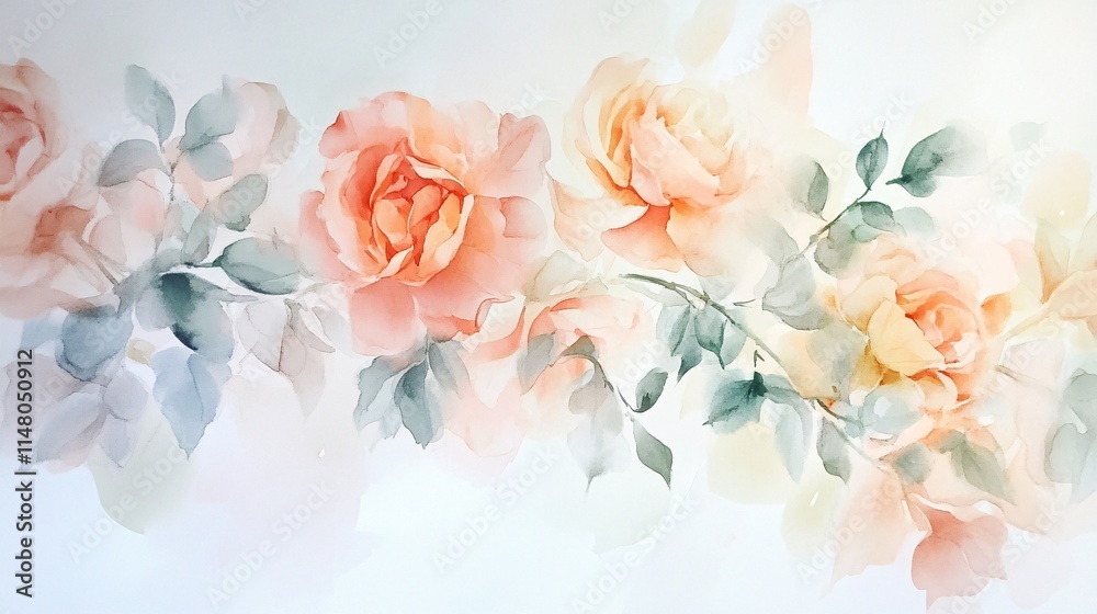 Fototapeta premium Soft Pastel Roses with Gentle Green Leaves on Light Background for Home Decor