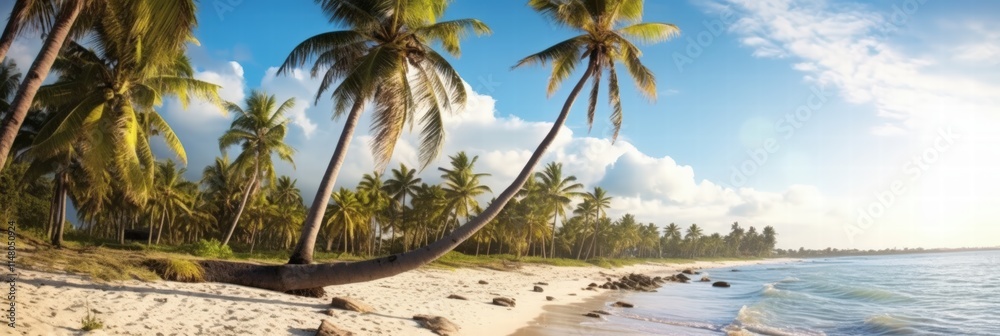 Lush Coconut Palm Tree Landscape on Pristine Beach with Clear Blue Sky and Gentle Waves Near Exotic Tropical Paradise Lush Coconut Palm Tree Landscape on Pristine Beach with Clear Blue Sky and Gentle Waves Near Exotic Tropical Paradise