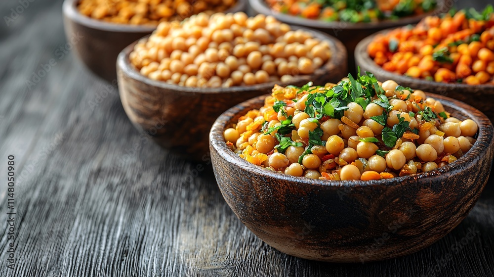 Plant-based protein sources such as lentils chickpeas and tofu arranged on a clean table promoting sustainability Stock Photo with side copy space Plant-based protein sources such as lentils chickpeas and tofu arranged on a clean table promoting sustainability Stock Photo with side copy space