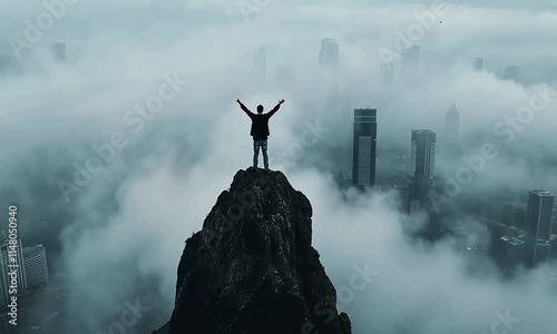 A man is standing on a mountain top, looking out over a city. The sky is cloudy and the sun is setting, creating a moody atmosphere. The man is celebrating or feeling triumphant