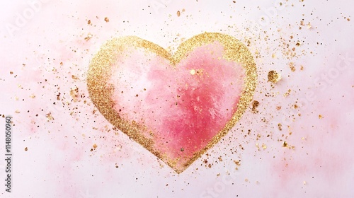 Glittery Pink Heart with Gold Accents and Splashes on a Soft Background