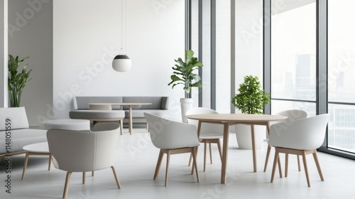 Minimalist modern office break room with clean, functional design. Featuring neutral colors and minimal furnishings