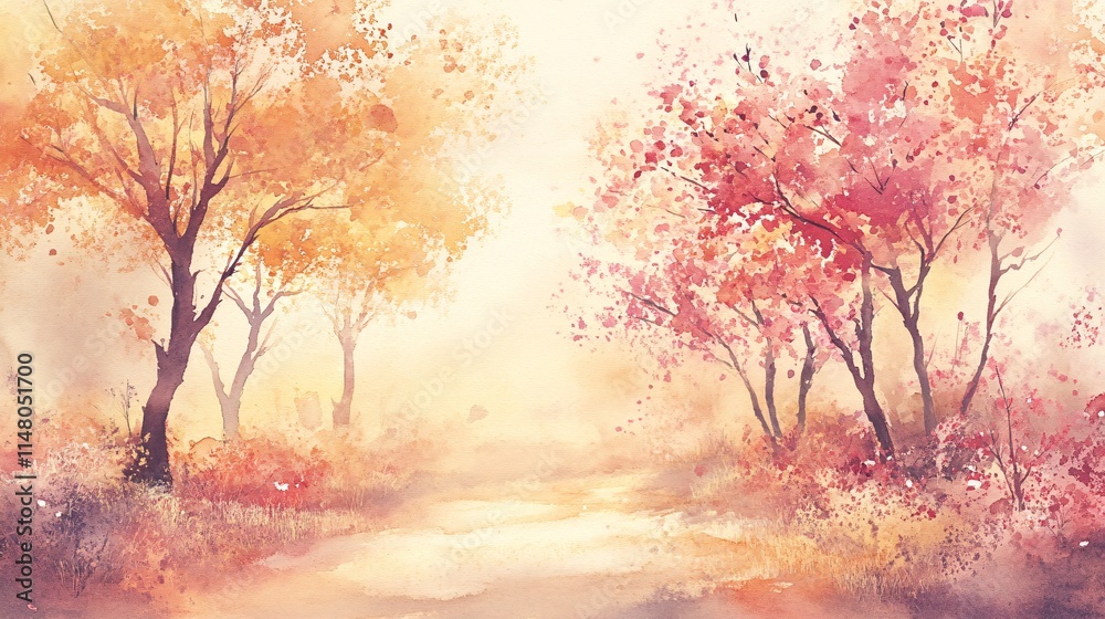 Enchanting Autumn Scene with Warm Colors of Trees Against a Misty Background