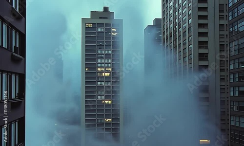 Foggy cityscape with tall buildings in the background. The fog is thick and the buildings are tall