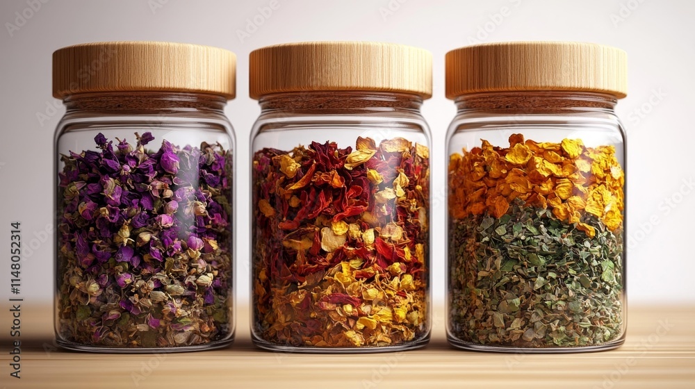 Herbal Ingredients in Clear Jars on Wooden Table. Generative AI Herbal Ingredients in Clear Jars on Wooden Table. Generative AI