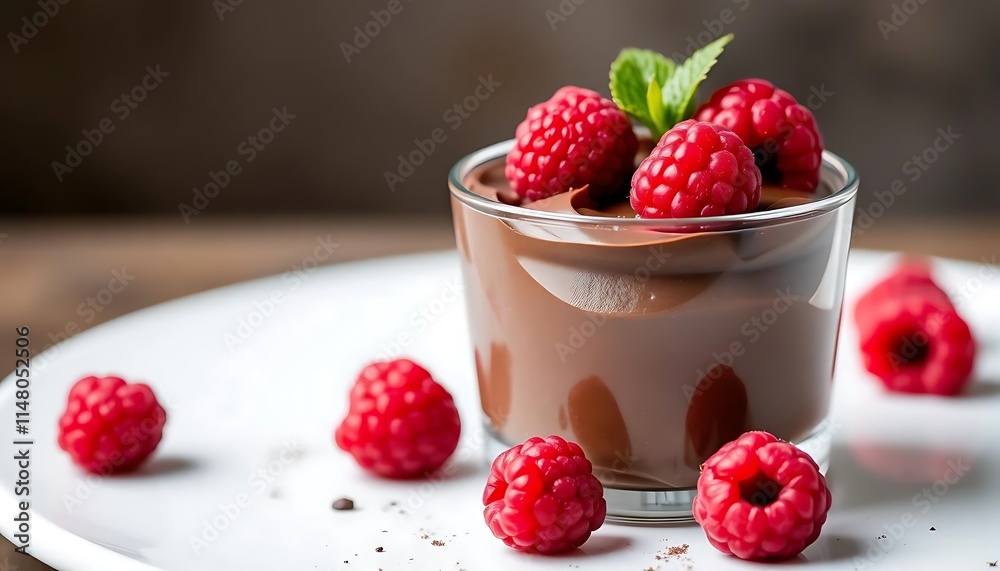 Chocolate Mousse Dessert Topped With Raspberries And Mint Chocolate Mousse Dessert Topped With Raspberries And Mint