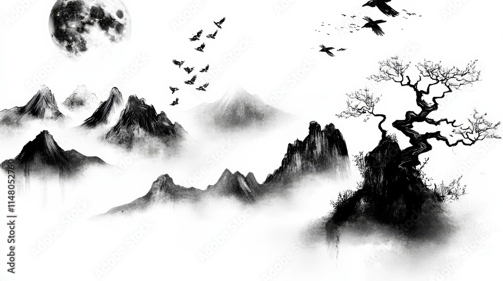 Obraz premium Black and white landscape with mountains, trees, clouds, and birds.