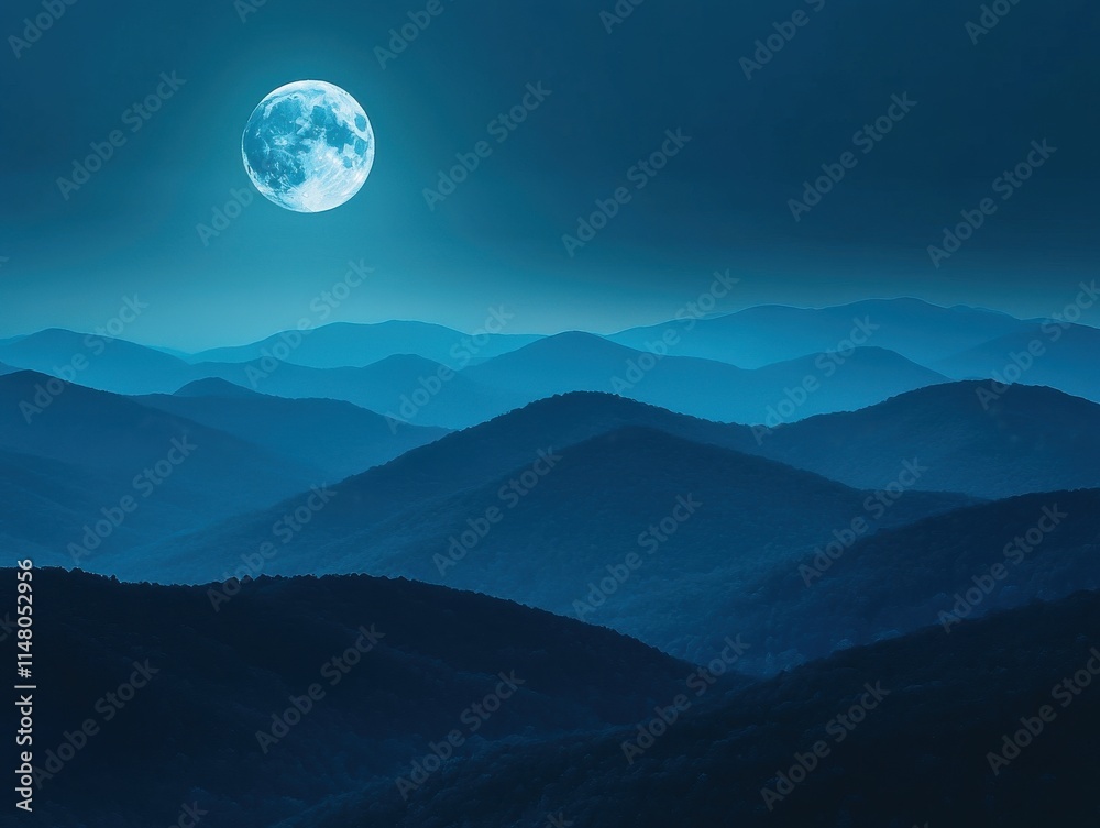 Serene Night Sky, Full Moon, Majestic Mountains, Blue Hues Serene Night Sky, Full Moon, Majestic Mountains, Blue Hues