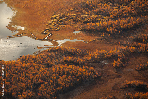 Ausblick vom Skierffe im Nationalpark Sarek  Lappland in Schweden. Herbstliche Farbe vom Gipfel des Skierfe ins Delta des Rapaälv.  photo