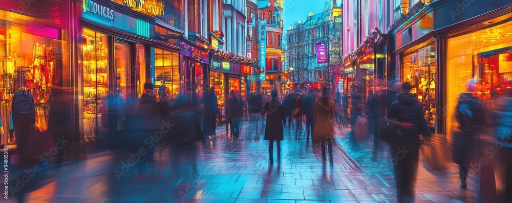 Fototapeta premium Motion blurred view of busy shopping street in London with pedestrians and vibrant storefronts