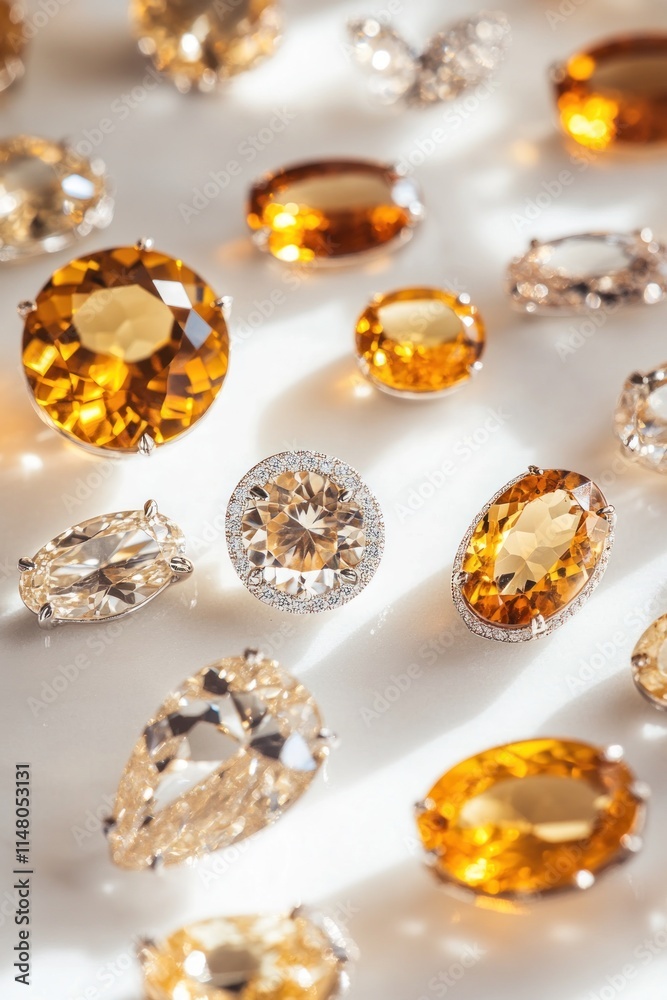 Amber gemstones arranged on a white surface, some oval and round.