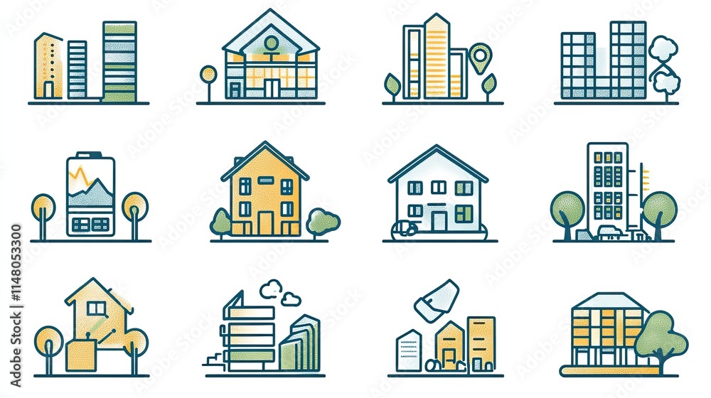 Collection of diverse building and house icons, showcasing various architectural styles and sizes. Collection of diverse building and house icons, showcasing various architectural styles and sizes.