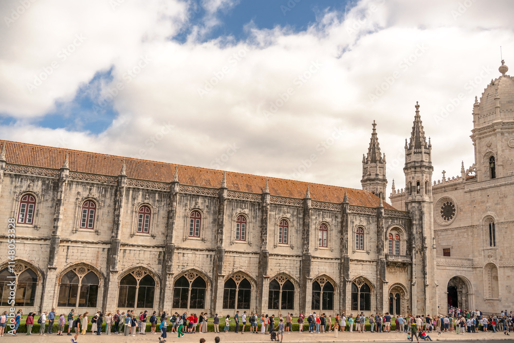 Lisbon, Portugal.  Long line of people at the Jeronimos Monastery in Lisbon, Portugal