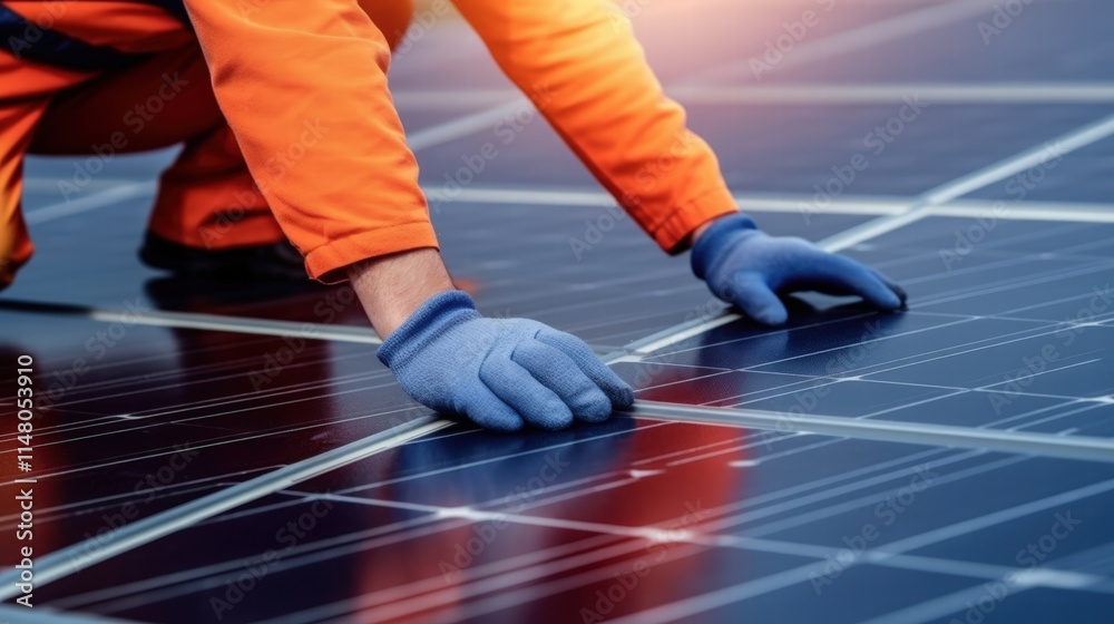 Male worker in orange jumpsuit adjusts solar panels with glowing hands under bright sunlight in modern renewable energy environment Male worker in orange jumpsuit adjusts solar panels with glowing hands under bright sunlight in modern renewable energy environment