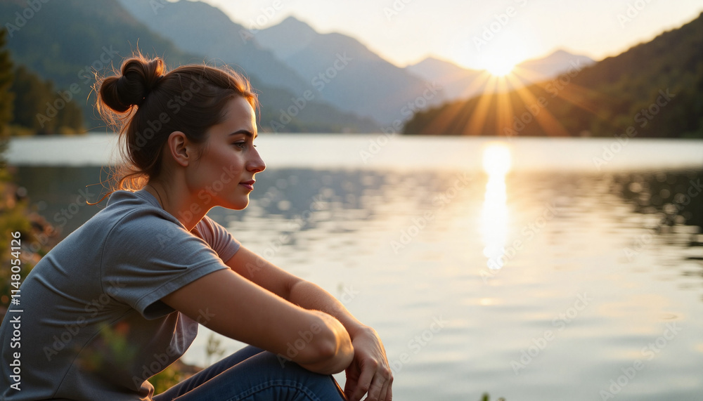 Fototapeta premium Woman sitting by a serene mountain lake at sunset reflecting on life 