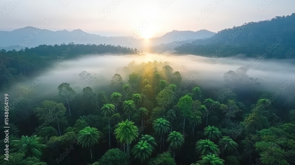Sunrise Rainforest Aerial Misty Mountains Palm Trees Lush Greenery Sunrise Rainforest Aerial Misty Mountains Palm Trees Lush Greenery