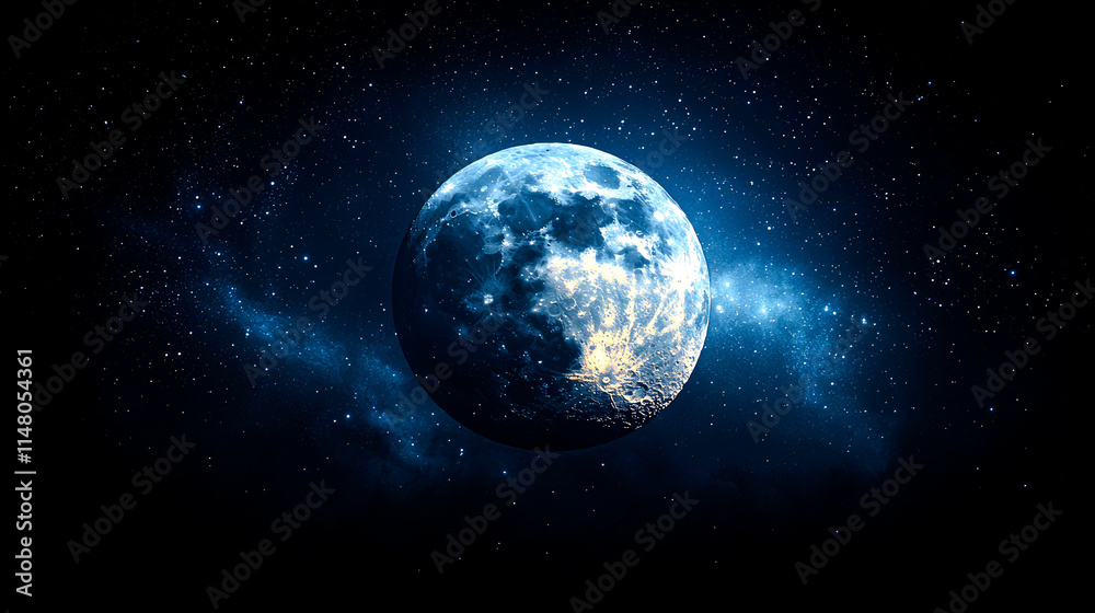 Fototapeta premium Full moon in dark night sky with stars and nebula.