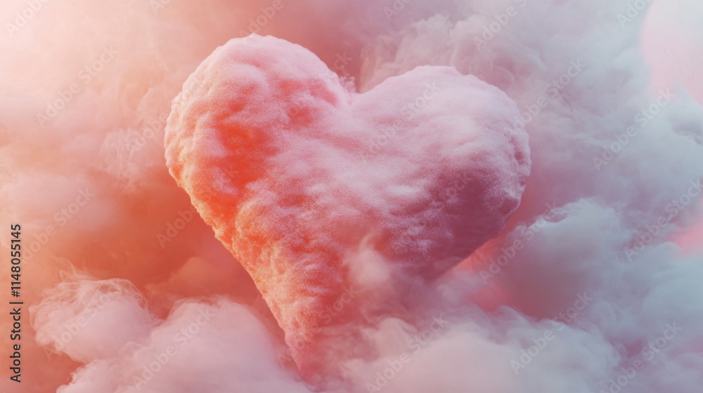 Fototapeta premium Heart Shape Cloud Forming in Soft Pink and Orange Sky with Dreamy Atmosphere