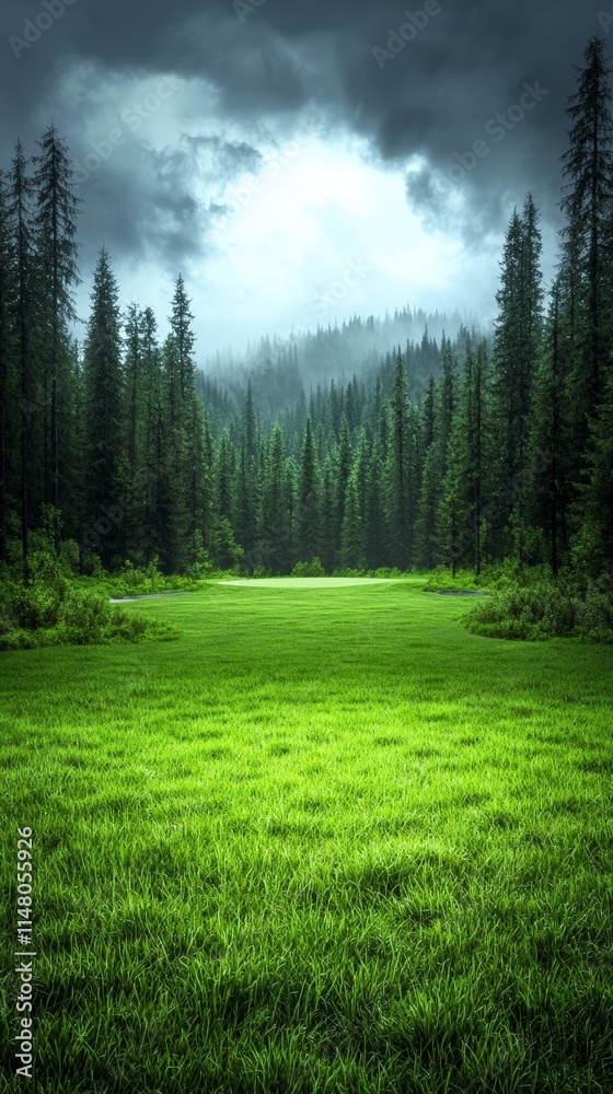 Fototapeta premium Serene Green Meadow Coniferous Forest Dramatic Sky