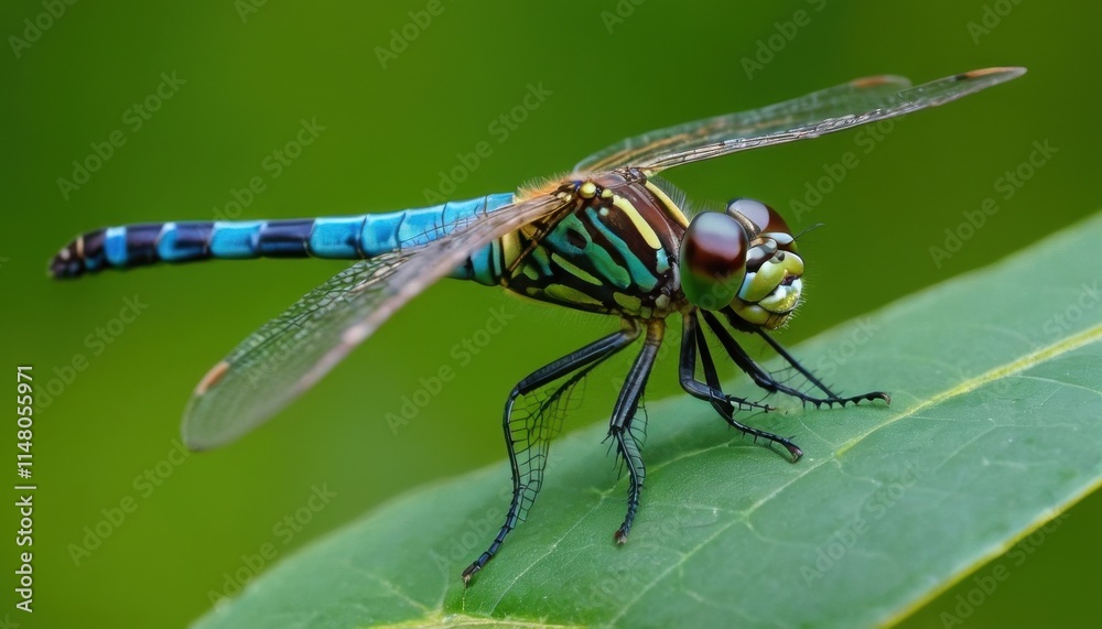 Close-up of a colorful dragonfly resting on a vibrant green leaf. Close-up of a colorful dragonfly resting on a vibrant green leaf.