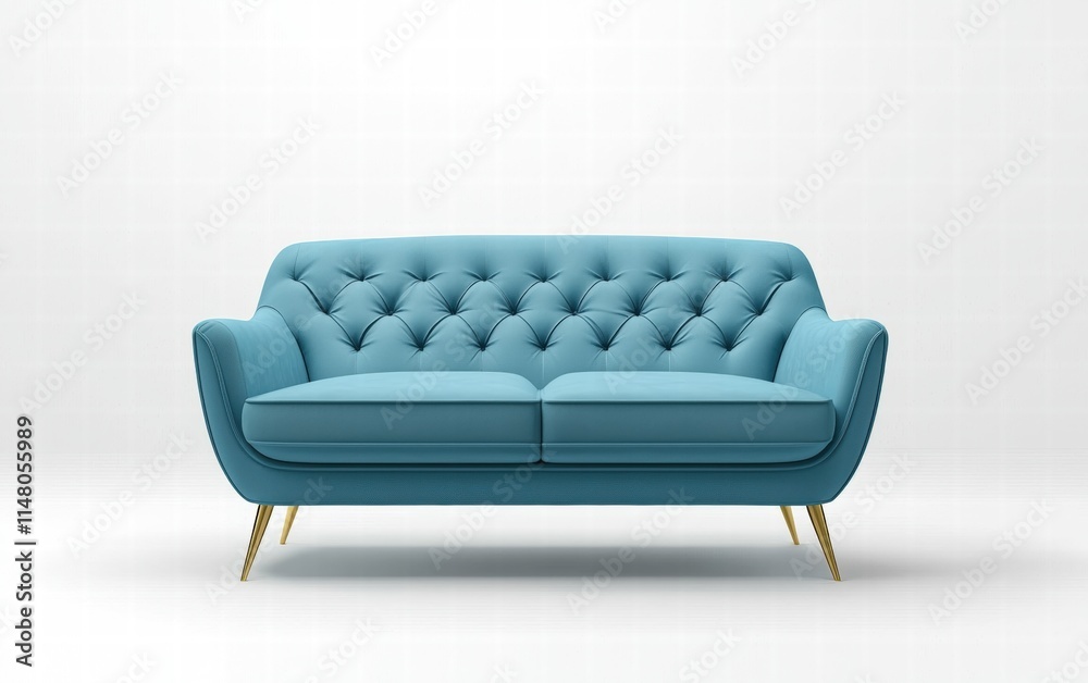 A modern blue fabric sofa with a tufted backrest, slim arms, and gold legs, on a bright white background A modern blue fabric sofa with a tufted backrest, slim arms, and gold legs, on a bright white background