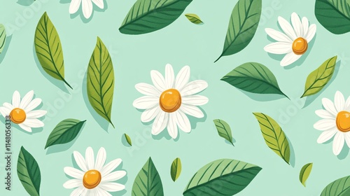 Vibrant Floral Pattern with Daisies and Green Leaves on Soft Mint Background